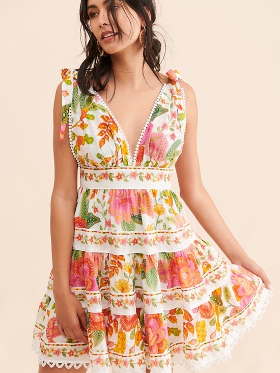 FARM Rio Dresses & Skirts - FARM Rio Cotton White Floral Mini Dress with Pink, Orange and Green Print